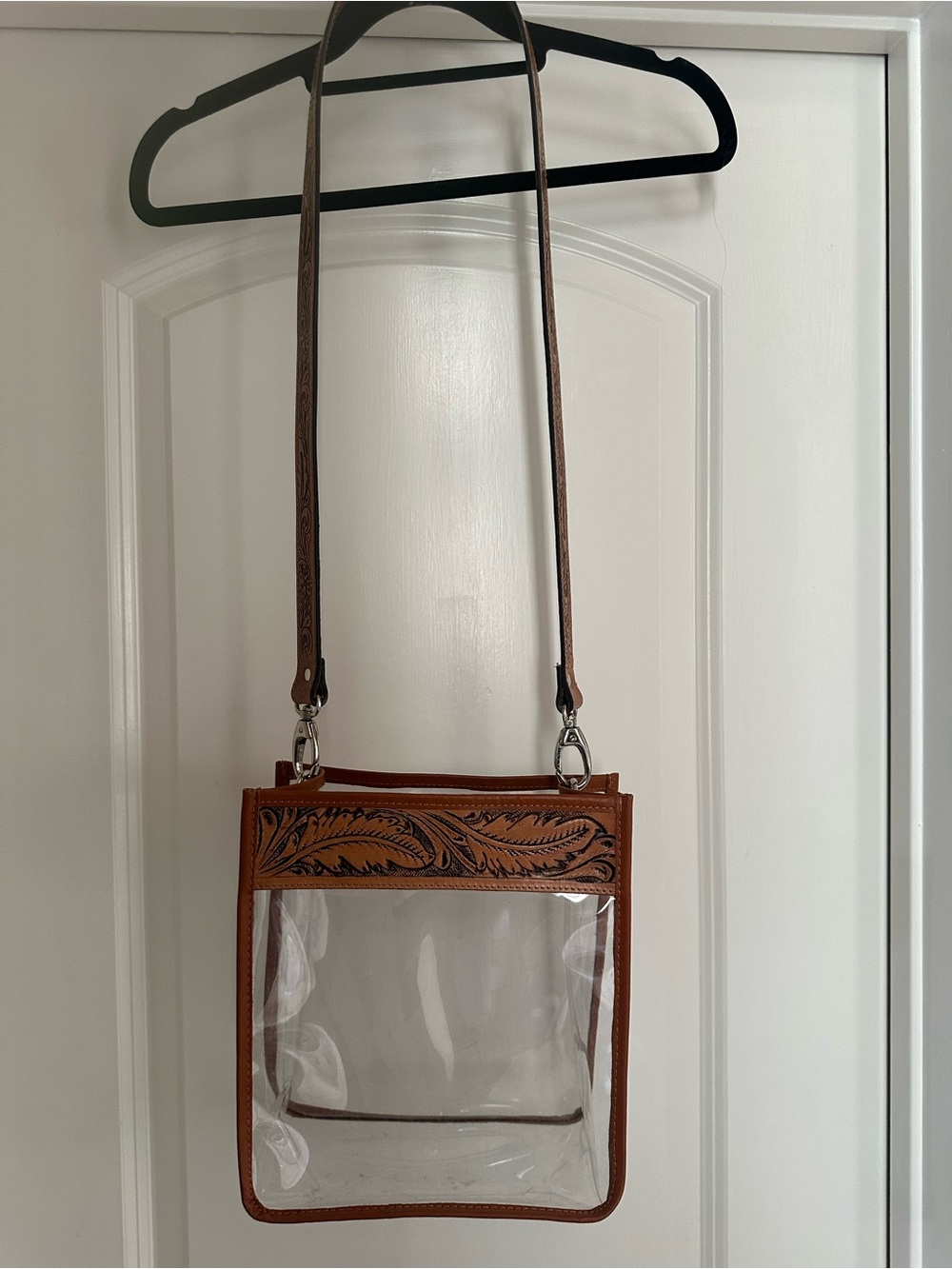 American Darling Clear Crossbody Bag with Embossed Tan Leather Trim